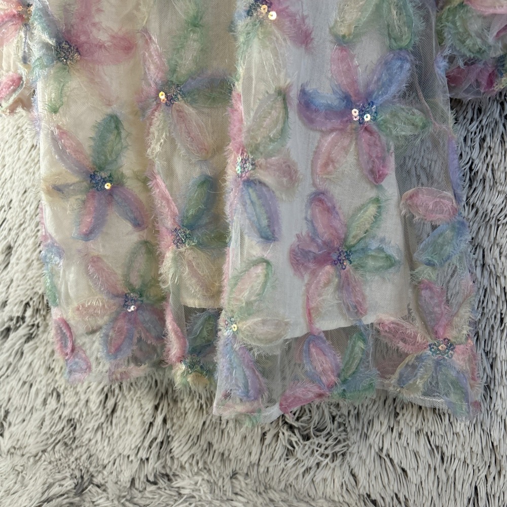 Umgee 3D Floral Boho Hippie Sheer Top Blouse Size L Puff Sleeves Sequins‎ Mesh - Picture 5 of 13